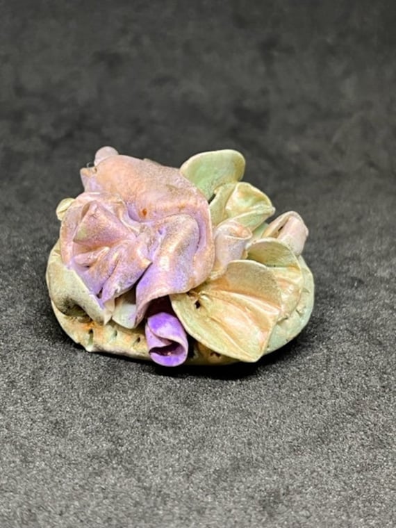 Handmade Clay Purple Rose Brooch Signed. Rose Pin