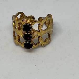 Vintage Gold Tone Filigree Ring with Three Small Deep Red stones