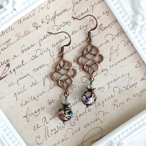 Antiqued Copper Black Japanese Tensha Bead Earrings Swarovski Crystals Holographic Filigree Shimmery Metallic Beads, LIMITED EDITION Jewelry