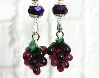 Glass Grapevine Jewelry Set, OOAK Plum Purple Earrings Pendant Necklace, Deep Red Wine Vino Colored, Hand-worked Glass Grapes, Wine Lovers