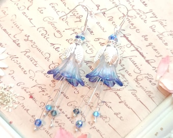 Morning Glory Flower Earrings, Blue Purple White Handpainted Flower Fairy Glories, Silver Witchy Aesthetic, Handmade LIMITED EDITION Jewelry