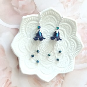 Black Nature Flower Earrings, Witchy Woodland Teal Gothic Iridescent Crystals, Handmade Silver tone Fairy Faerie Jewelry LIMITED EDITION