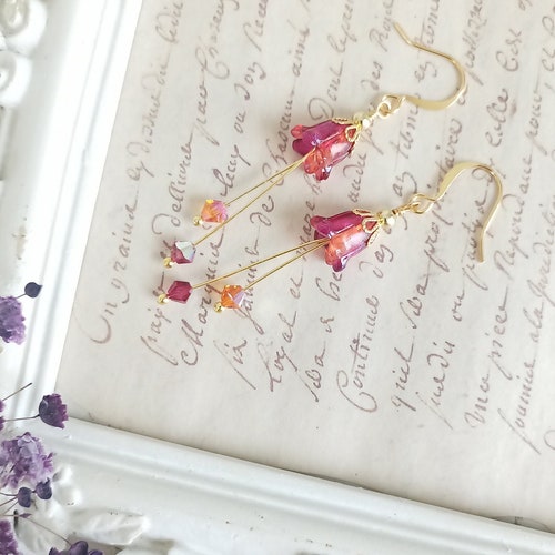 Tulip Flower Fairy Earrings, Magenta Orange Pink, Petite Handpainted Blossoms, Gold Tone OOAK Unique Swarovski Jewelry