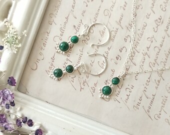 Sterling Silver Malachite Earrings, Genuine Green Malachite Cabochons, Sterling Silver Earrings and Pendant Jewelry Set, OOAK Handmade