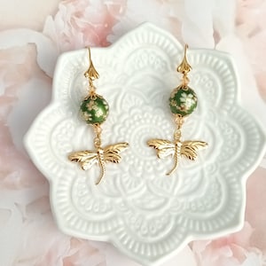Dragonfly Japanese Tensha Bead Earrings, Green Gold Insect Bug Charm Handmade Jewelry, Cherry Blossom Spring Flowers design, LIMITED EDITION