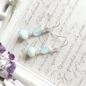 Mermaid Drop Earrings, OOAK Sea Green Chalcedony Blue Chrysoprase Swarovski Silver Plated Clam Shell Handmade Genuine Gemstone Jewelry