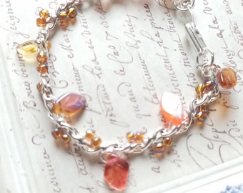 Leaf Bracelet, Autumn Iridescent Leaves Orange Berries Silver Vine Bracelet, Czech Glass Beads, Handmade Unique Nature Inspired Jewelry