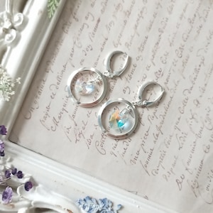 Sterling Silver Hoop Earrings, OOAK with Sparkling Rainbow Swarovski Crystal Hearts, Handmade Hawthorn Cottage Jewelry
