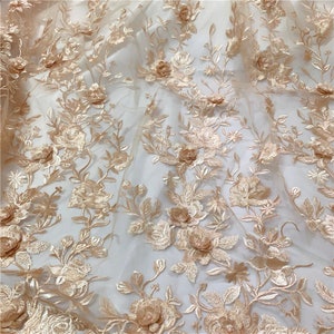 Gorgeous Gold 3D hand made Beaded Fabric flower applique tulle Lace french African Lace fabric bridal dress fabric 1YARD