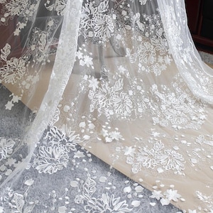 1 Yard White Ivory Lace Fabric Guipure lace material Wedding Dress Evening Gown Cotton Embroidery Alencon Tulle flower lace with sequin