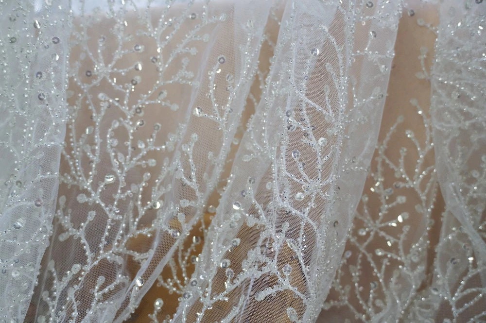 Heavy Beaded Ecru Lace Fabric Silver Sequins Glitter fabric Etsy