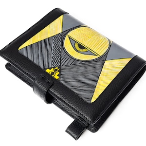 Handmade A6 Leather Notebook Cover with Hand-Painted Third Eye Design, Integrated Pen Loop, and Card Slots