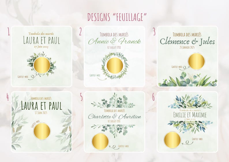 Cartes tombola à gratter "MARIAGE" Feuillage