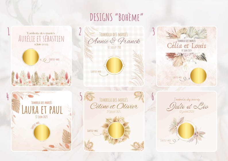 Cartes tombola à gratter "MARIAGE" Bohème