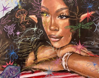 Whimsy Art: Insect  Plant Doodle Portrait on 18x24 Canvas