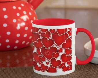 Hearts Ceramic Coffee Mug with Color Inside | Morning Coffee Mug | Ceramic Coffee Mug | Holiday Coffee Mug | Valentines Day Gift
