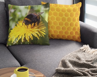 Bumblebee Throw Pillow | Double Design On Each Side | Honeycomb Pillow | Double Sided Pillow