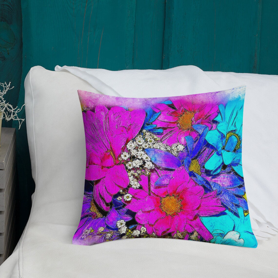 Flowered Linen Throw Pillow With Navy Back Etsy