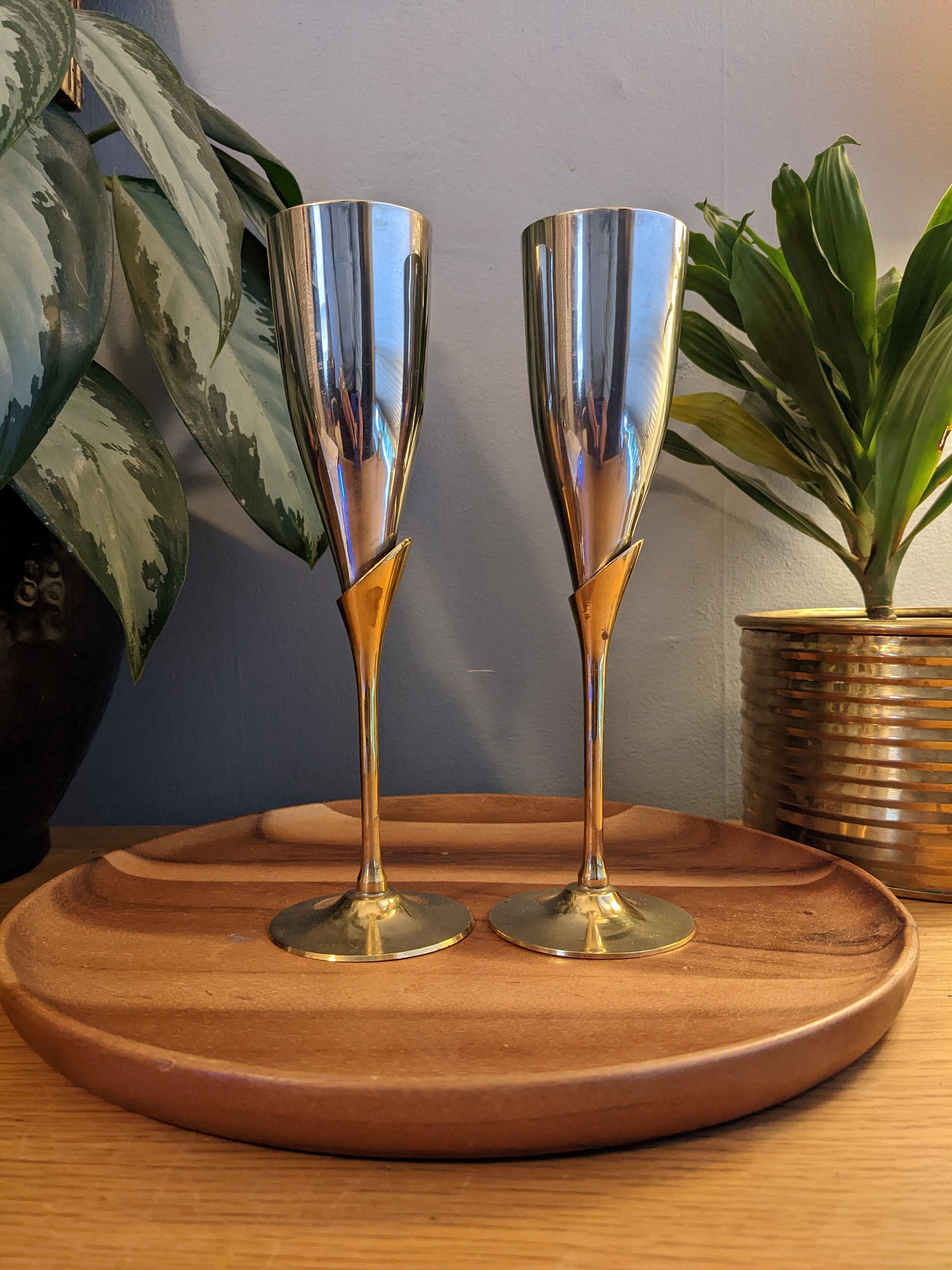 Stemless Champagne Flute Party Glasses with Hammered Style Copper Plated Bottoms, Set of 4