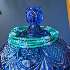 Beaded wrap bracelet - green with lavender & silver accents