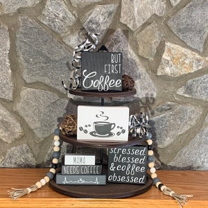 Coffee themed black and white tiered tray decor bundle