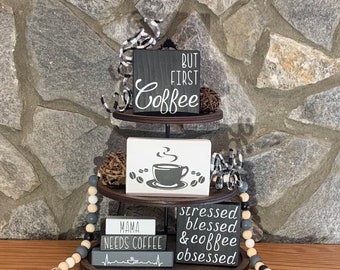 Coffee themed black and white tiered tray decor bundle