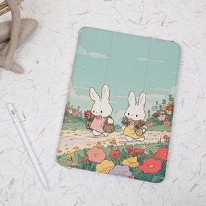 Cute Rabbit Floral iPad Case with Pencil Holder for iPad Pro 12.9 Case Pro 11 inch 10th Gen Case Air 4th 5th Mini 6 Case 2020/21/22 Cover image 1