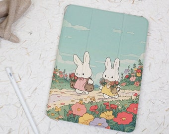 Cute Rabbit Floral iPad Case with Pencil Holder for iPad Pro 12.9 Case Pro 11 inch 10th Gen Case Air 4th 5th Mini 6 Case 2020/21/22 Cover