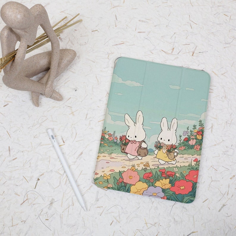 Cute Rabbit Floral iPad Case with Pencil Holder for iPad Pro 12.9 Case Pro 11 inch 10th Gen Case Air 4th 5th Mini 6 Case 2020/21/22 Cover image 1