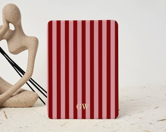 Burgundy Stripe with Gold Monogram Kindle/Kobo Case, Custom Initials Cover for Paperwhite 11/12th Gen/Colorsoft, Vintage Book Lover Gift