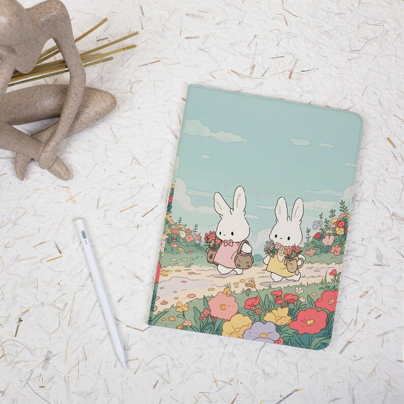 Cute Rabbit Floral iPad Case with Pencil Holder for iPad Pro 12.9 Case Pro 11 inch 10th Gen Case Air 4th 5th Mini 6 Case 2020/21/22 Cover image 3