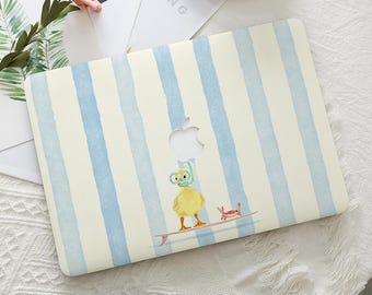 Whimsical Duck & Blue Stripes Macbook Protective Hard Case Laptop Cover for 2026 Neo Air 15/13/11 Pro 16/15/14/13 inch M5 M4 M3 M2 M1 Ret 12