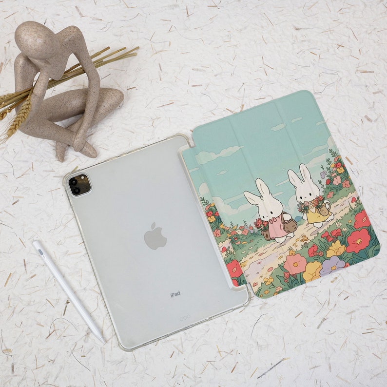 Cute Rabbit Floral iPad Case with Pencil Holder for iPad Pro 12.9 Case Pro 11 inch 10th Gen Case Air 4th 5th Mini 6 Case 2020/21/22 Cover image 2