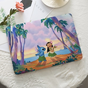 May include: A rectangular laptop skin featuring a colorful illustration of Stitch and Lilo dancing on a beach with palm trees. The background shows a sunset over the ocean. The characters are wearing grass skirts.