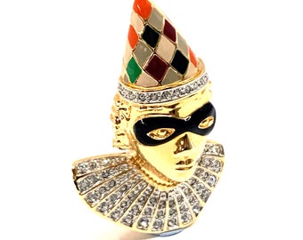 Harlequin Pin Brooch Art Deco Style Gold Plated Metal Alloy Set With Enamel And Sparkling Czech Crystals By JewelAriDesigns