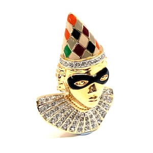 Harlequin Pin Brooch Art Deco Style Gold Plated Metal Alloy Set With Enamel And Sparkling Czech Crystals By JewelAriDesigns