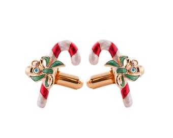 Christmas Candy Canes Cufflinks Gold Plated Metal Alloy Set With Enamel And Sparkling Czech Crystals By JewelAriDesigns