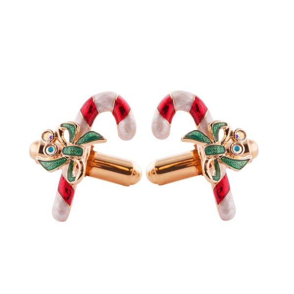 Christmas Candy Canes Cufflinks Gold Plated Metal Alloy Set With Enamel and Sparkling Swarovski Crystals by JewelAriDesigns