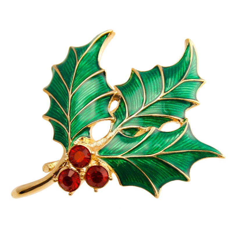 Christmas Holly Pin Brooch Gold Plated Metal Alloy Set With Enamel and Sparkling Swarovski Crystals by JewelAriDesigns image 2