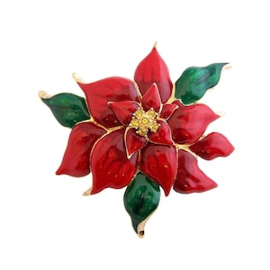 Christmas Poinsettia Brooch Plated Gold Plated Metal Alloy Set With Enamel And Sparkling Czech Crystals By JewelAriDesigns