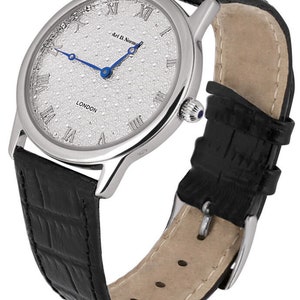 Diamond Effect Unisex Watch 925 Sterling Silver English Hallmarks With Black Leather Strap By JewelAriDesigns