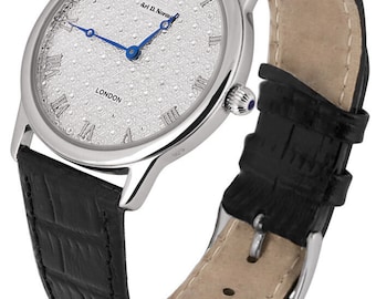 Diamond Effect Sterling Silver Watch, Black Leather Strap, English Hallmarks