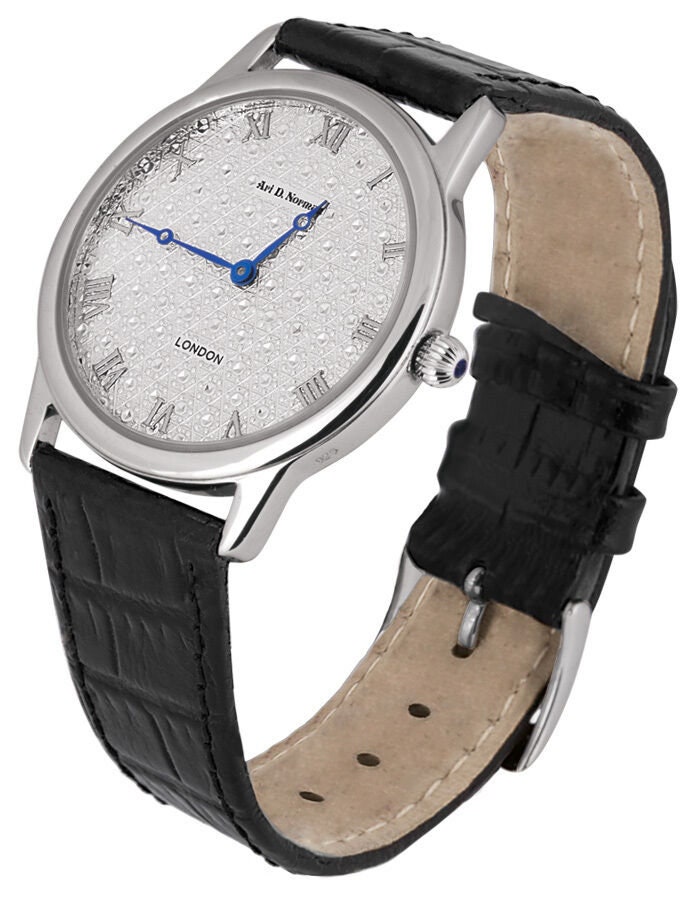 Diamond Effect Unisex Watch 925 Sterling Silver English Hallmarks With Black Leather Strap By JewelAriDesigns
