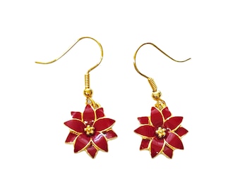Christmas Poinsettia Earrings Gold Plated Metal Alloy Set With Enamel