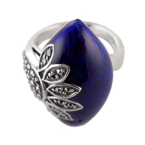 Blue Enamel And Marcasite Ring 925 Sterling Silver Hallmarked By JewelAriDesigns