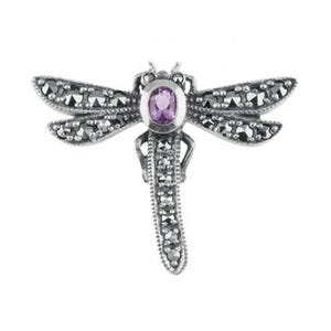 Dragonfly Pin Brooch Victorian Style 925 Sterling Silver English Hallmarks Set With Marcasite And Amethyst By JewelAriDesigns