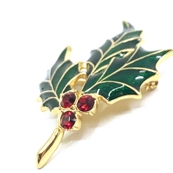 Christmas Holly Pin Brooch Gold Plated Metal Alloy Set With Enamel and Sparkling Swarovski Crystals by JewelAriDesigns