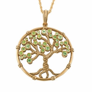 Tree of Life Pendant Gold Plated Metal Alloy Set With Sparkling Green Czech Crystals On 18&quot; Rope Chain By JewelAriDesigns