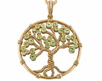 Tree of Life Pendant Gold Plated Metal Alloy Set With Sparkling Green Swarovski Crystals on 18" Rope Chain by JewelAriDesigns