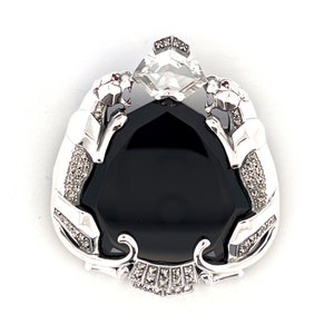 Twin Panther Pin Brooch Art Deco Style 925 Sterling Silver Set With Black Onyx Marcasite Ruby Eyes And Hand Cut Crystals By JewelAriDesigns